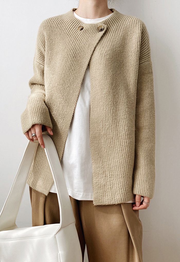 Buttoned Neck Long Sleeve Rib Knit Cardigan in Light Tan