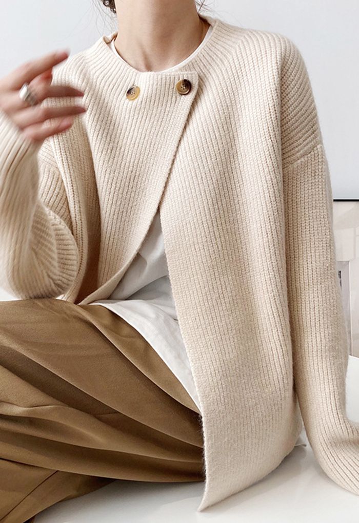 Buttoned Neck Long Sleeve Rib Knit Cardigan in Ivory