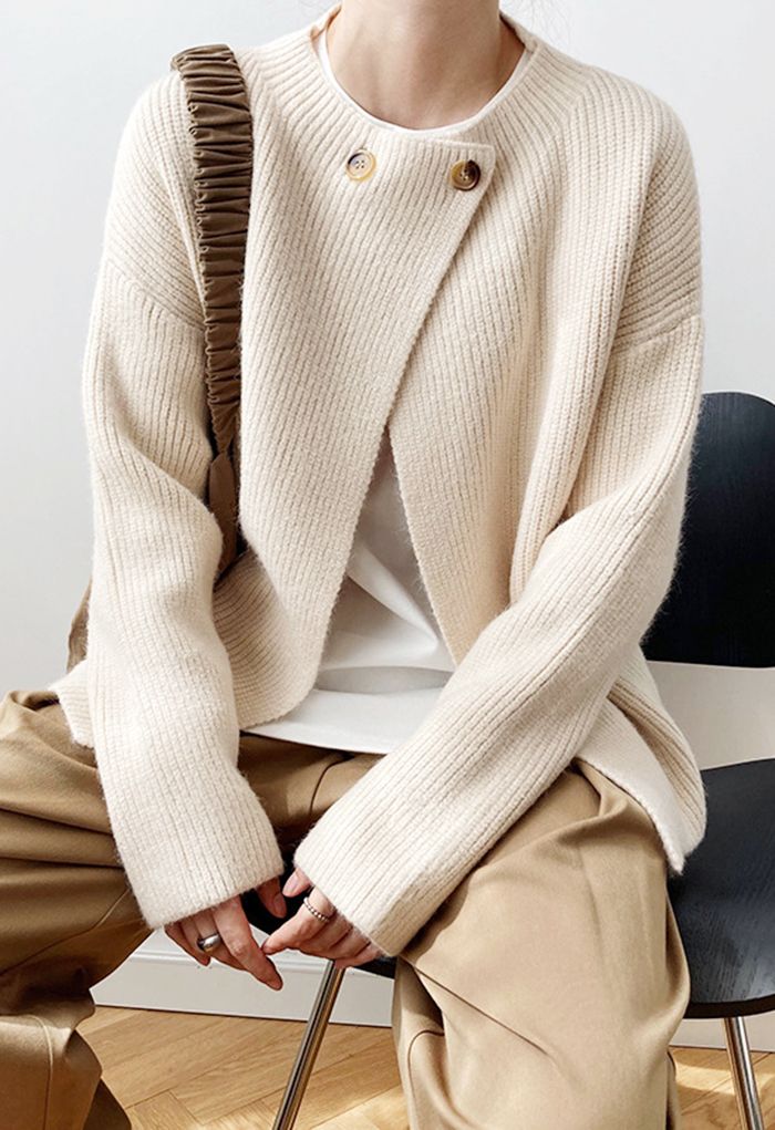 Buttoned Neck Long Sleeve Rib Knit Cardigan in Ivory