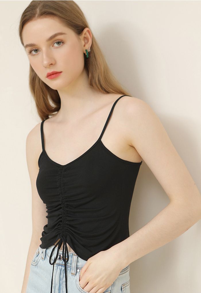 Drawstring Ruched Front Cami Top in Black - Retro, Indie and Unique Fashion