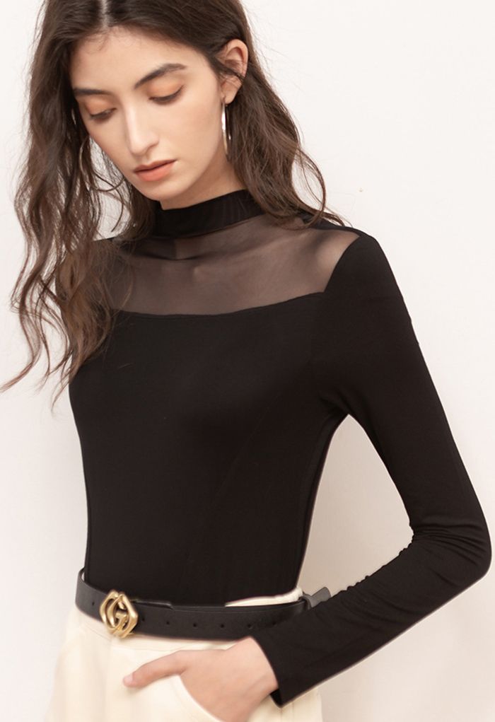 Semi-Sheer Tulle Spliced Fitted Black Top