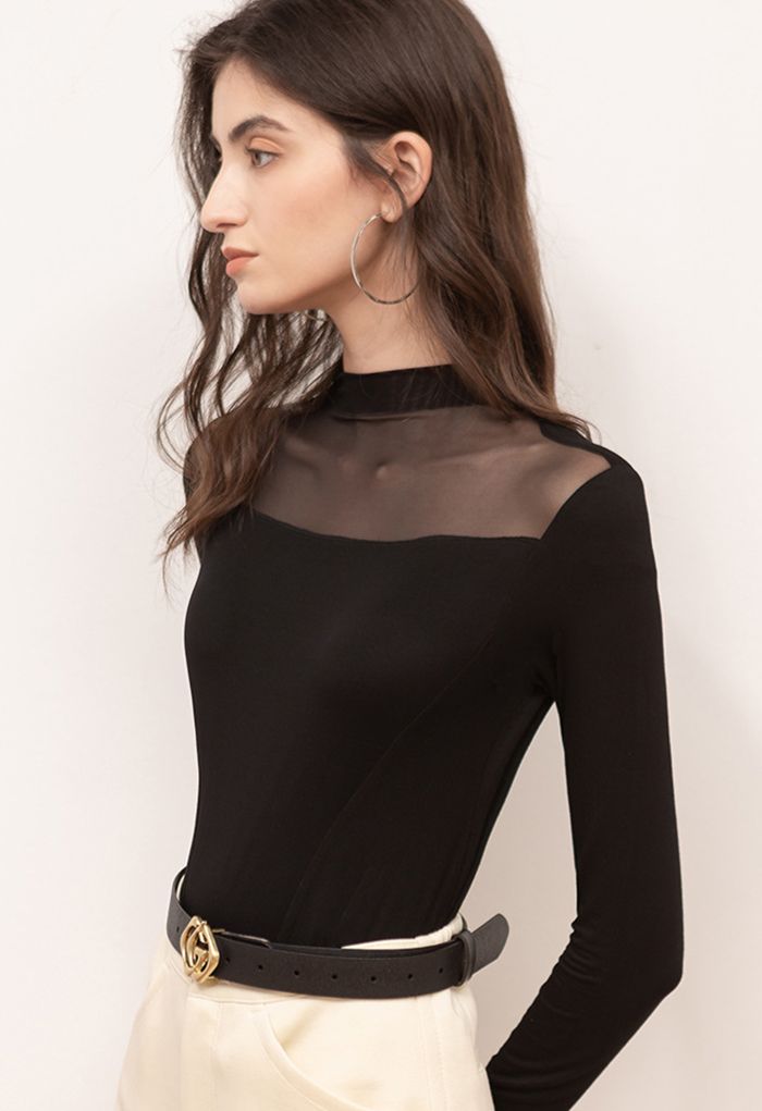 Semi-Sheer Tulle Spliced Fitted Black Top