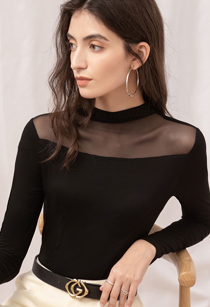 Semi-Sheer Tulle Spliced Fitted Black Top - Retro, Indie and 