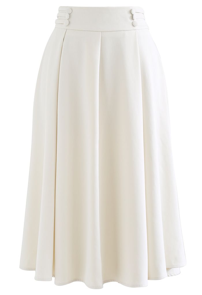 Button Trim Waist Flare Midi Skirt in Ivory - Retro, Indie and Unique ...
