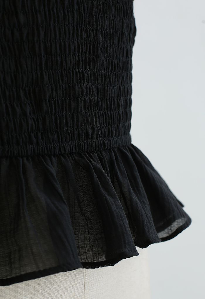 Flap Shoulder Shirred Crop Top in Black