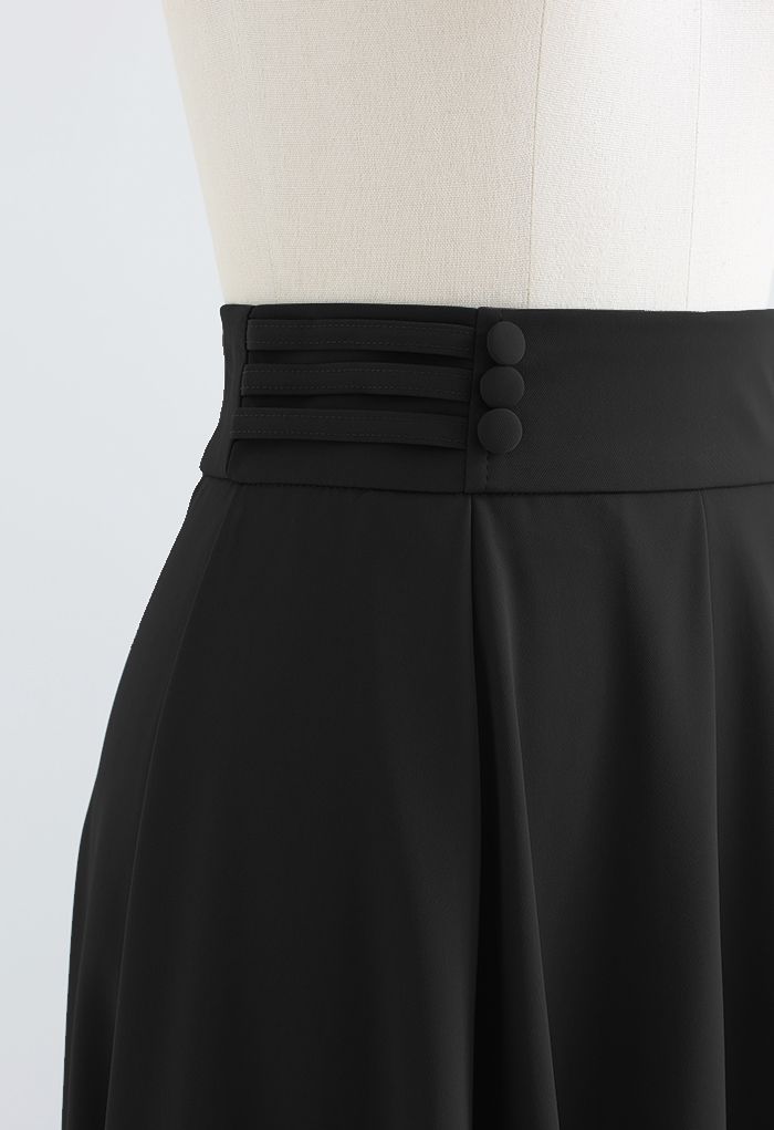 Button Trim Waist Flare Midi Skirt in Black - Retro, Indie and Unique ...