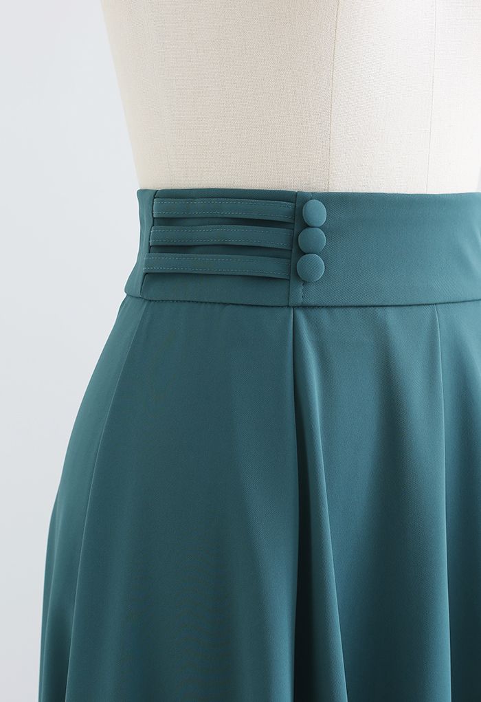 Button Trim Waist Flare Midi Skirt in Teal