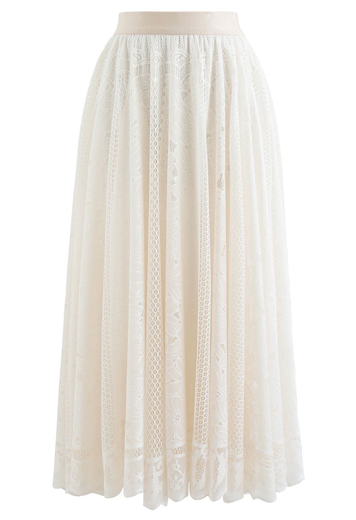 Honeycomb Eyelet Floral Lace Midi Skirt in Cream