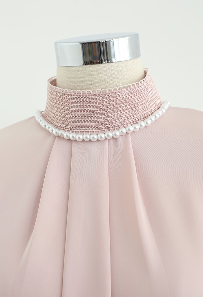 Necklace Mock Neck Satin Shirt in Light Pink