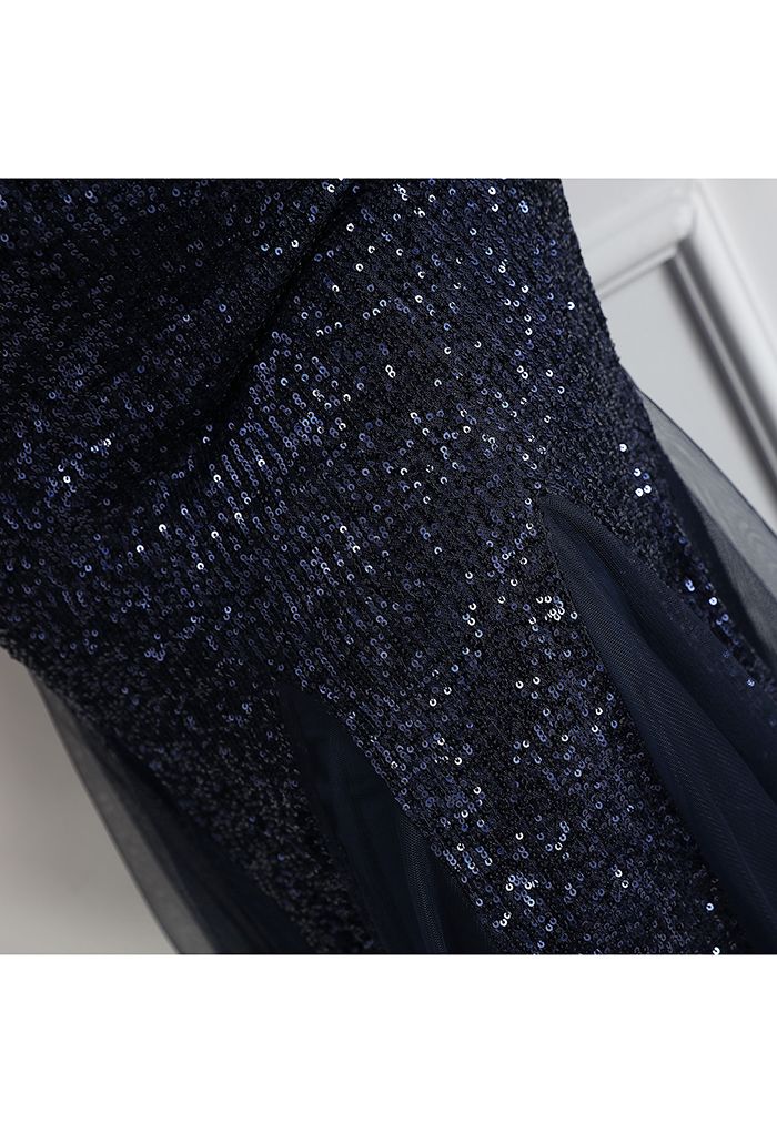 Mesh Panelled Sequined Mermaid Gown in Navy