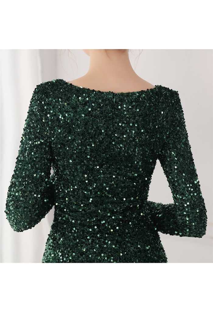 V-Neck Split Side Sequined Gown in Emerald