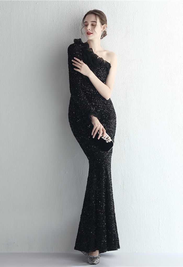 One-Shoulder Organza Trim Sequined Gown in Black