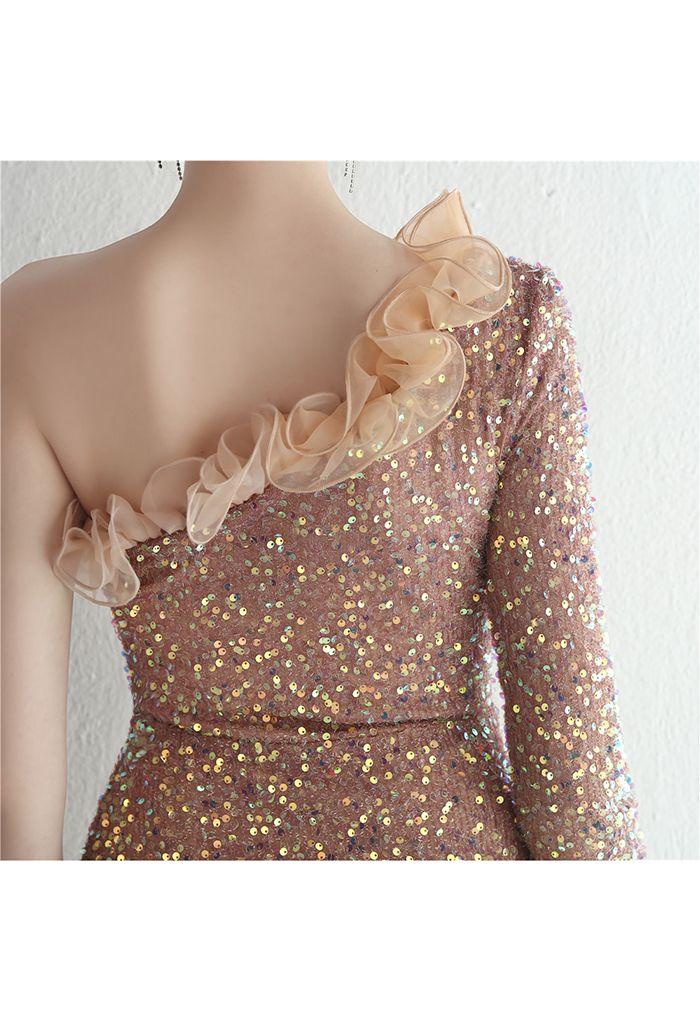One-Shoulder Organza Trim Sequined Gown in Light Tan