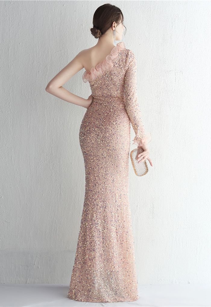 One-Shoulder Organza Trim Sequined Gown in Dusty Pink