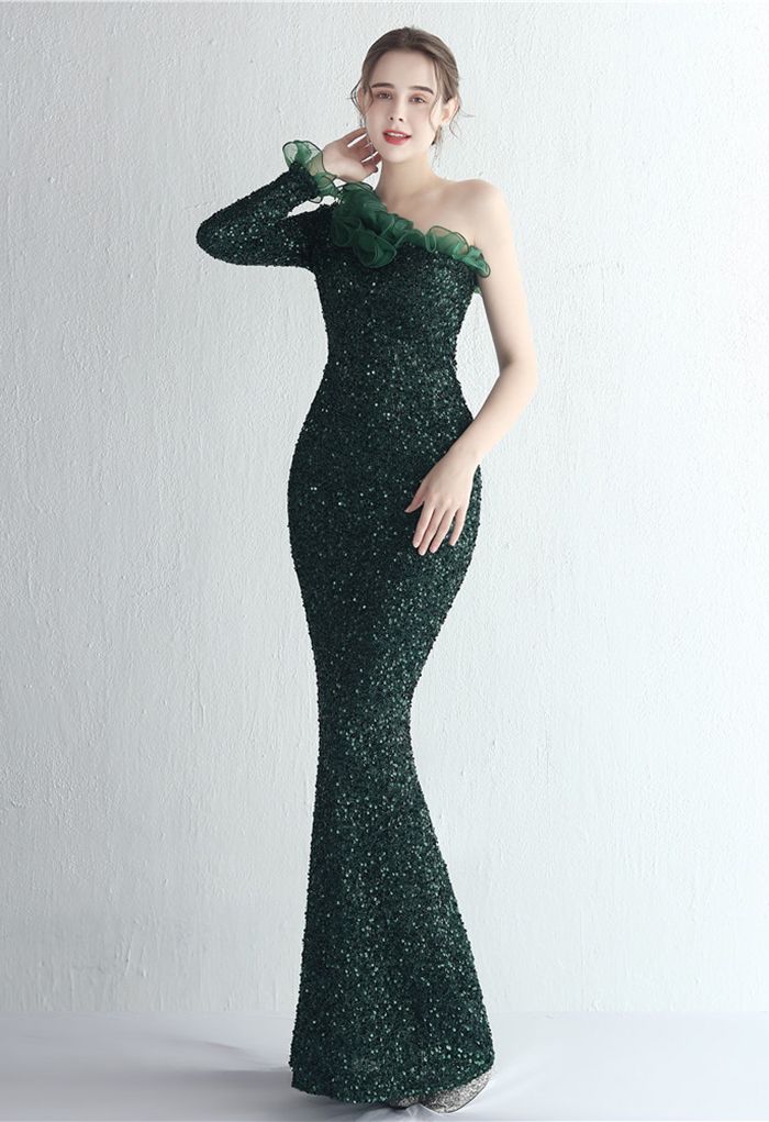 One-Shoulder Organza Trim Sequined Gown in Emerald
