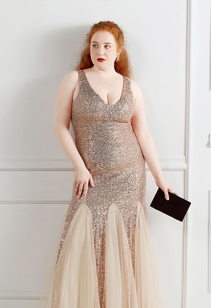 Mesh Panelled Sequined Mermaid Gown in Gold