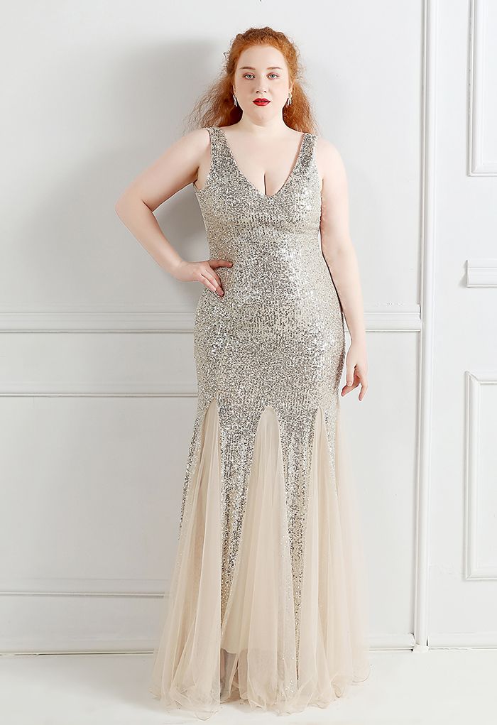 Mesh Panelled Sequined Mermaid Gown in Silver