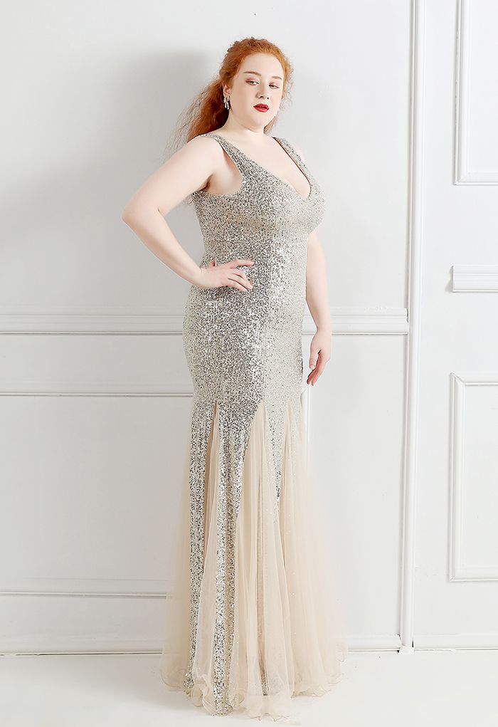 Mesh Panelled Sequined Mermaid Gown in Silver