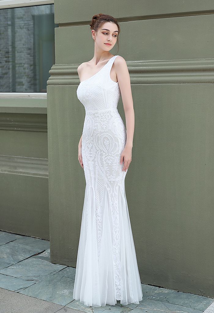 One-Shoulder Floral Lattice Sequined Mesh Gown in White