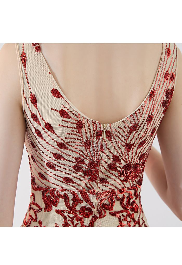 Floral Vine Sequined Mesh Mermaid Gown in Red