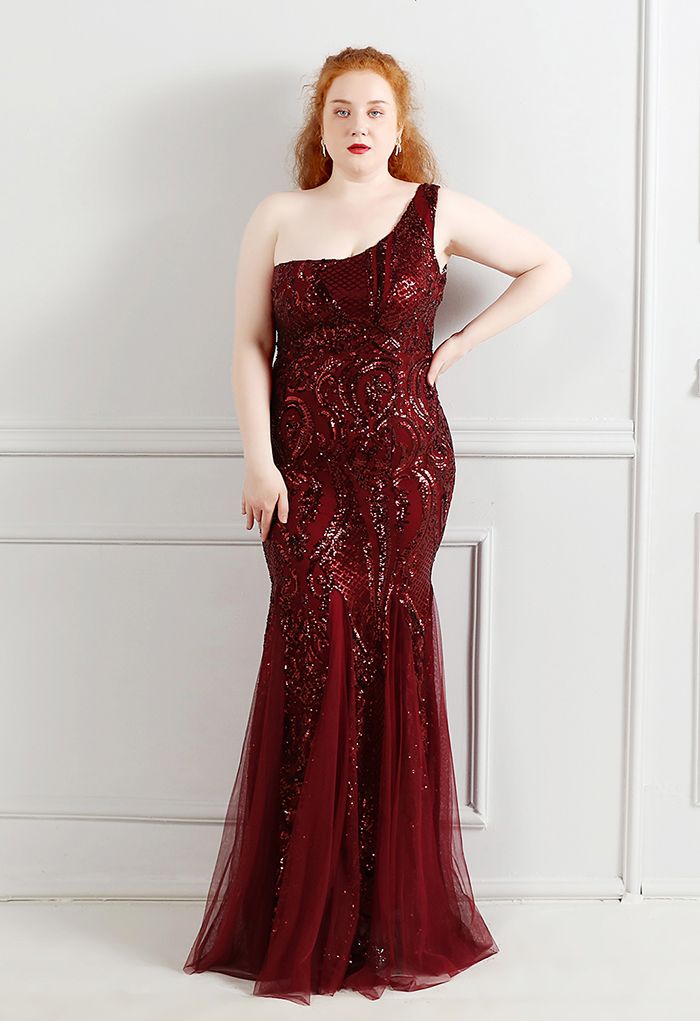 One-Shoulder Floral Lattice Sequined Mesh Gown in Burgundy