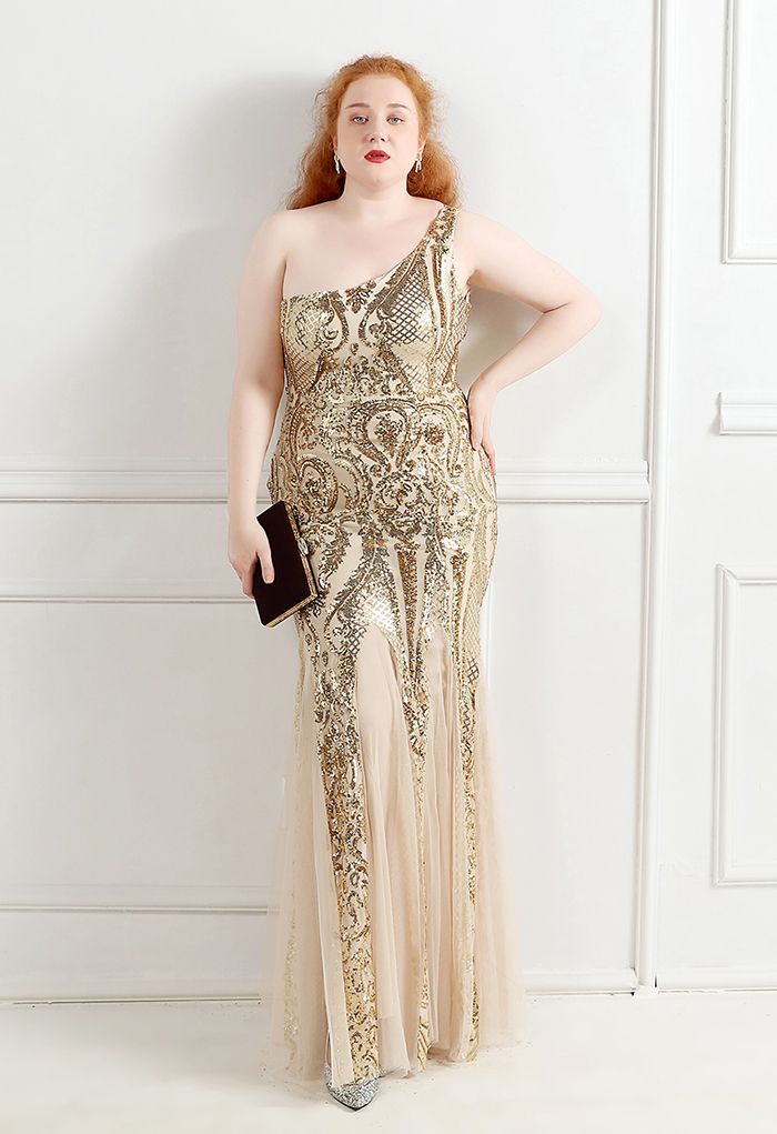 One-Shoulder Floral Lattice Sequined Mesh Gown in Gold