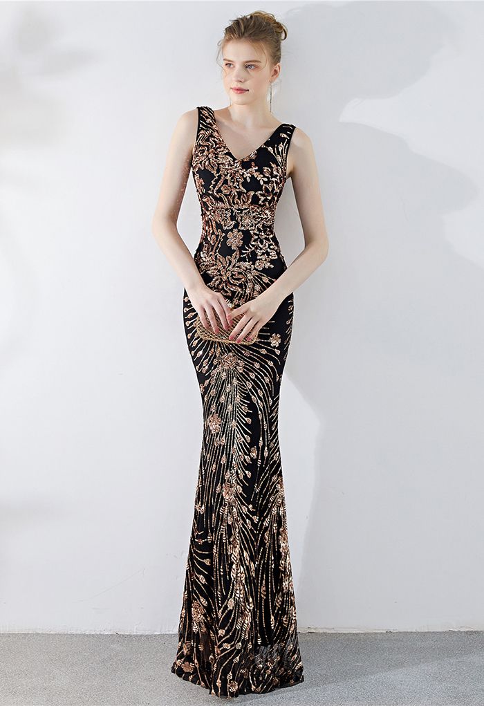 Floral Vine Sequined Mesh Mermaid Gown in Gold