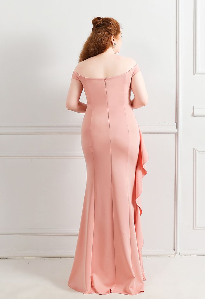 Off-Shoulder Cascade Ruffle Split Satin Gown in Pink