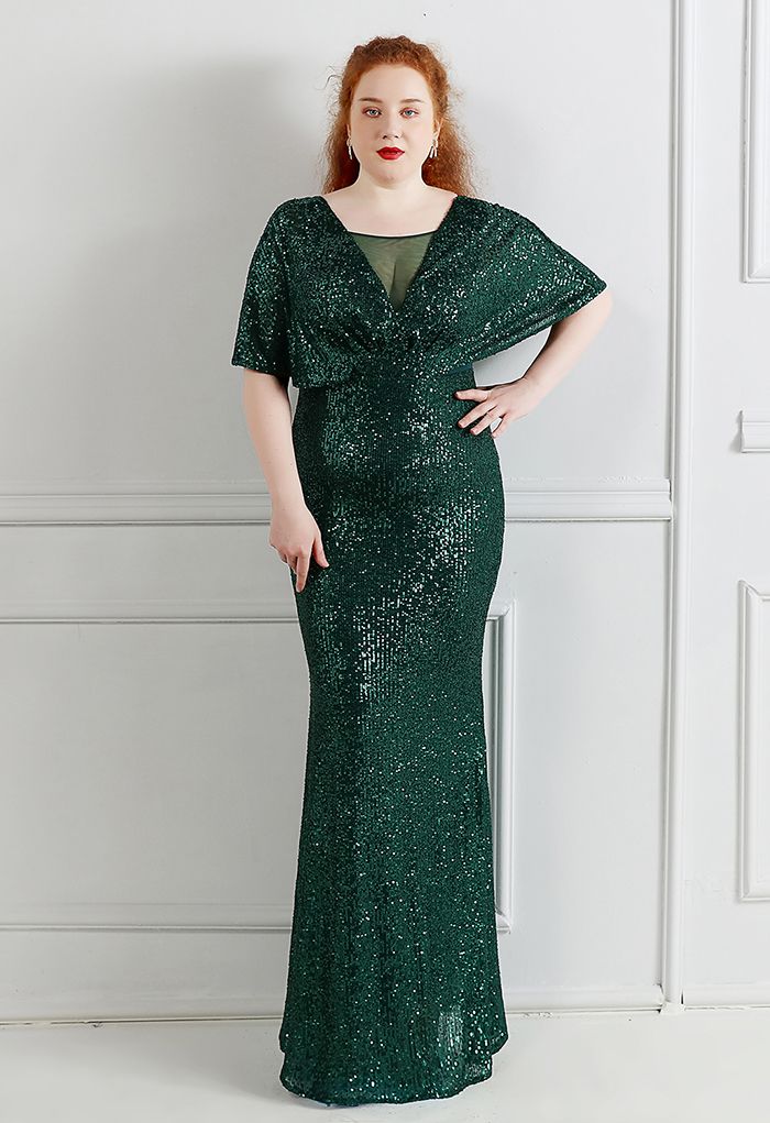 Cape Sleeve Mesh Inserted Sequined Gown in Emerald