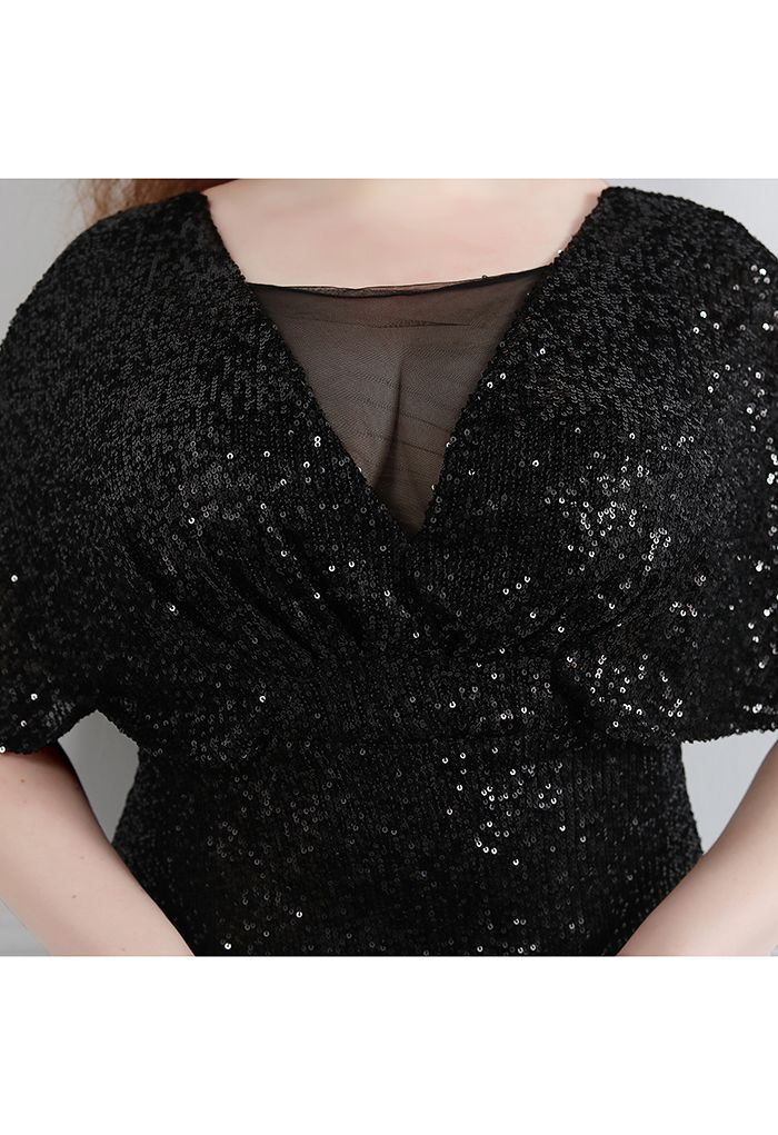 Cape Sleeve Mesh Inserted Sequined Gown in Black