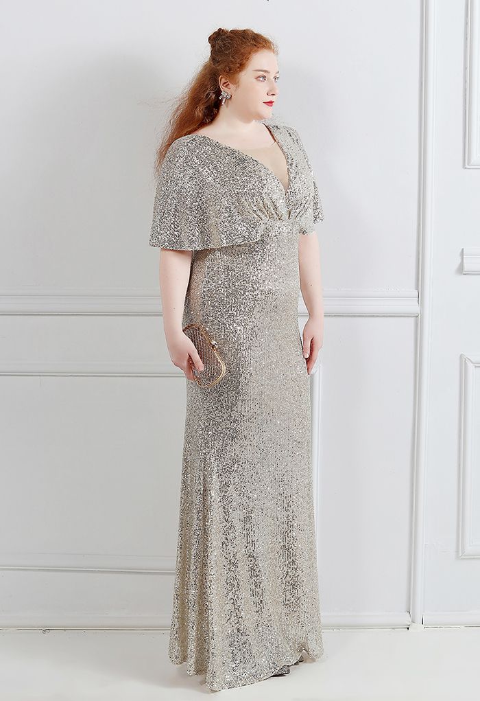 Cape Sleeve Mesh Inserted Sequined Gown in Silver