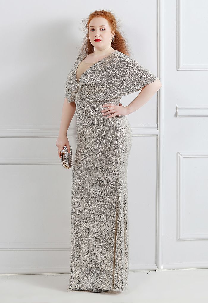 Cape Sleeve Mesh Inserted Sequined Gown in Silver