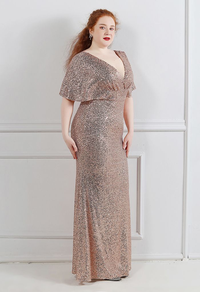 Cape Sleeve Mesh Inserted Sequined Gown in Champagne