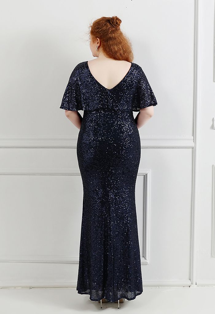 Cape Sleeve Mesh Inserted Sequined Gown in Navy
