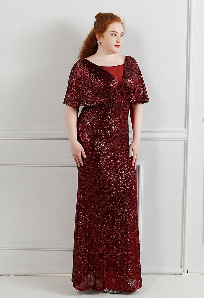 Cape Sleeve Mesh Inserted Sequined Gown in Burgundy