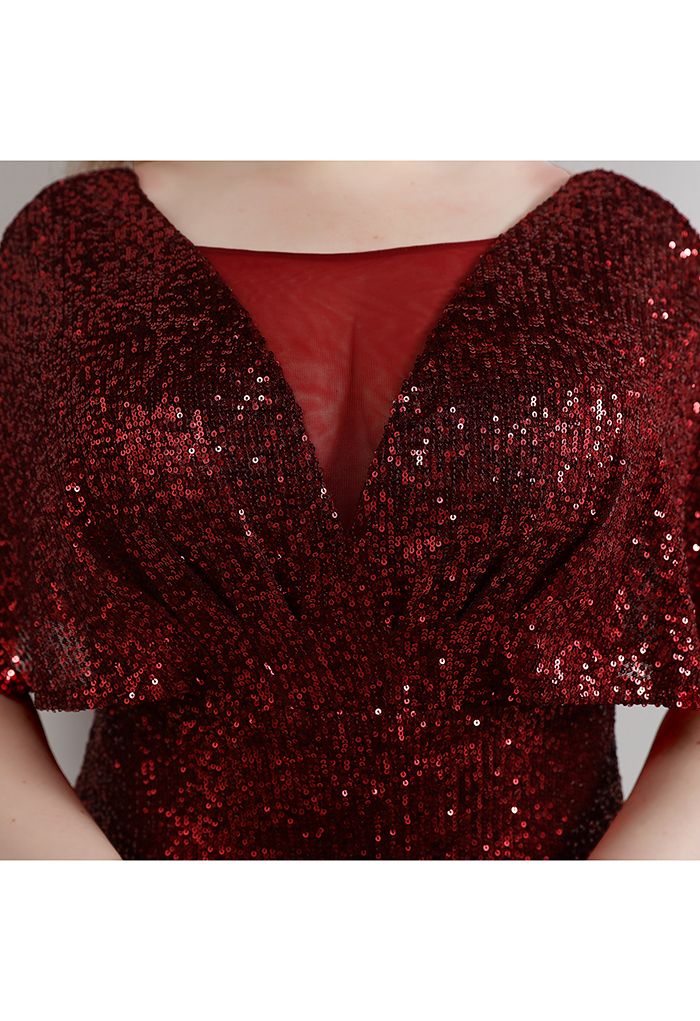 Cape Sleeve Mesh Inserted Sequined Gown in Burgundy