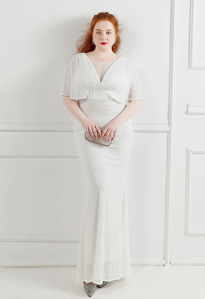 Cape Sleeve Mesh Inserted Sequined Gown in White