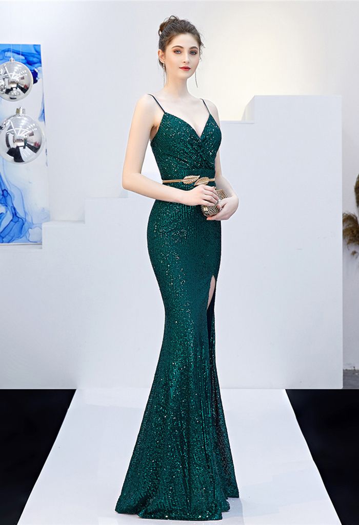 Split Side Sequined Wrap Cami Gown in Emerald