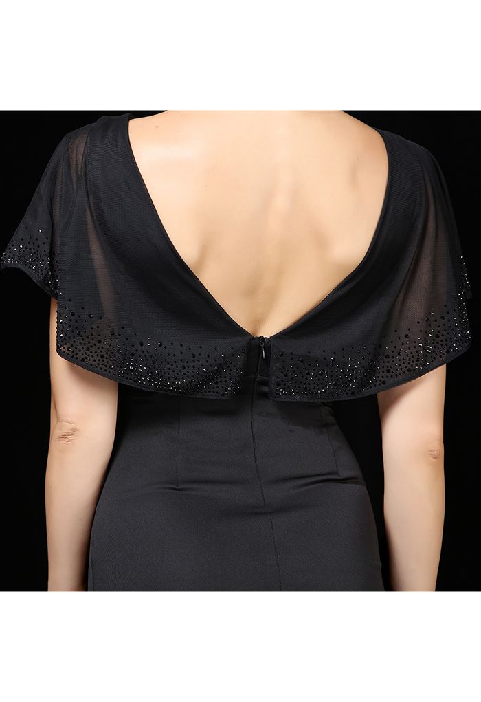 Sequined Flutter Sleeve Split Midi Gown in Black