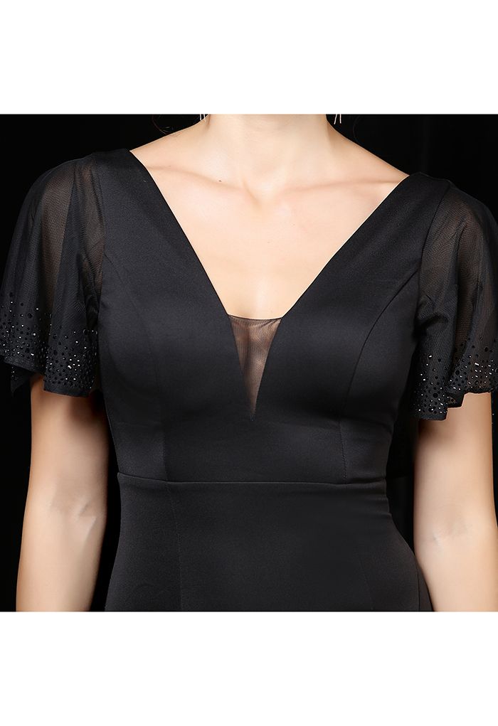 Sequined Flutter Sleeve Split Midi Gown in Black