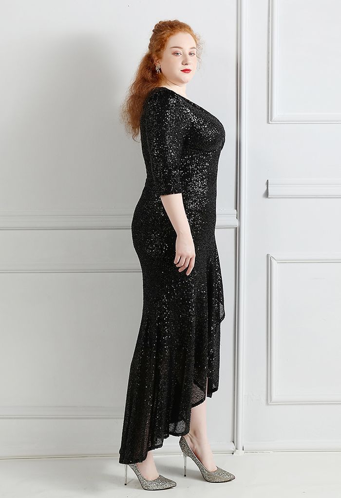 Elbow Sleeve Ruffle Sequined Gown in Black
