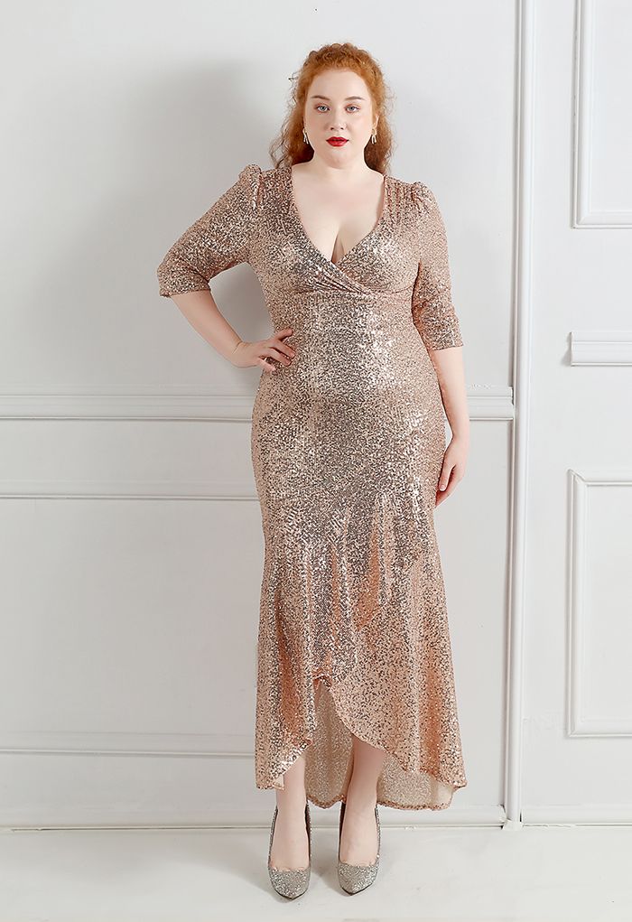 Elbow Sleeve Ruffle Sequined Gown in Champagne