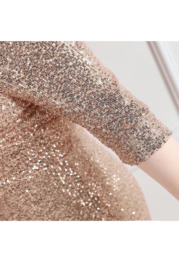 Elbow Sleeve Ruffle Sequined Gown in Champagne