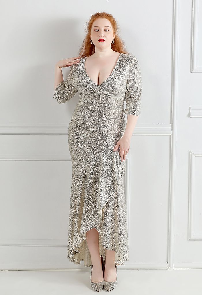 Elbow Sleeve Ruffle Sequined Gown in Silver