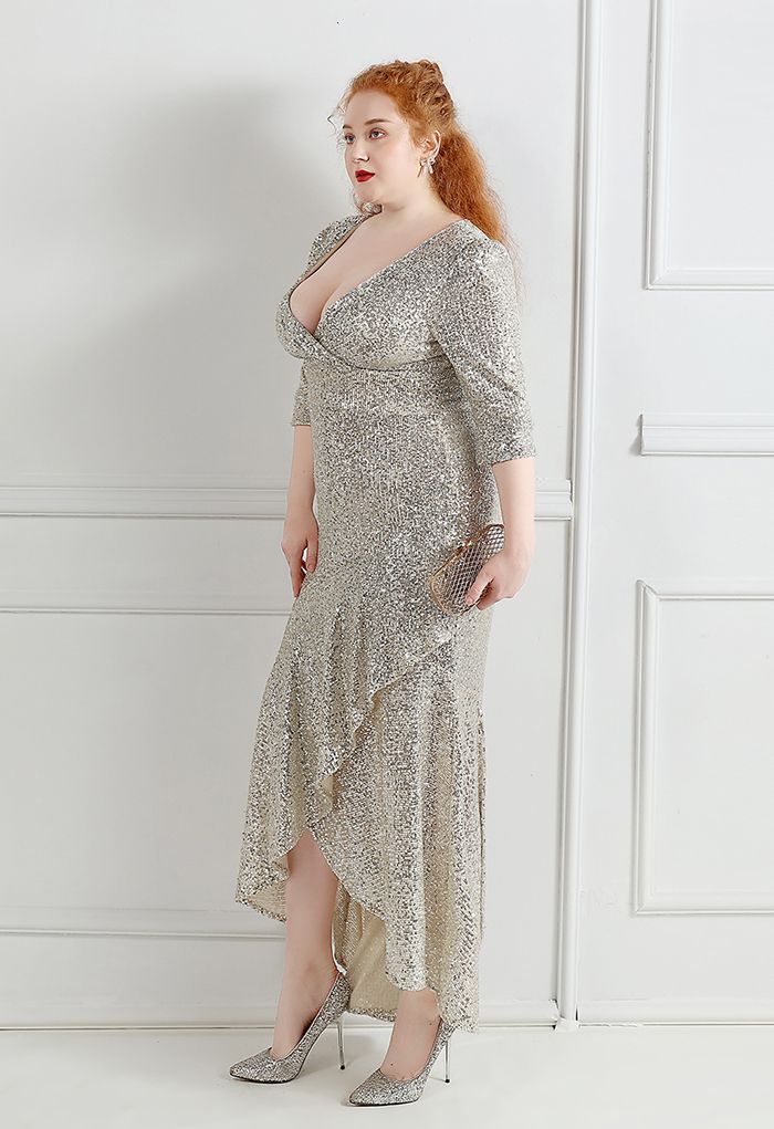 Elbow Sleeve Ruffle Sequined Gown in Silver