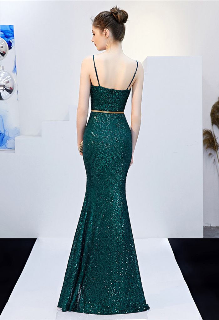 Split Side Sequined Wrap Cami Gown in Emerald