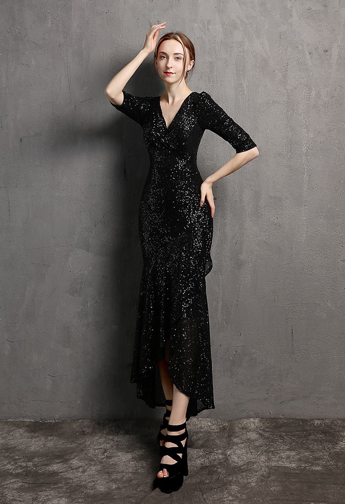 Elbow Sleeve Ruffle Sequined Gown in Black