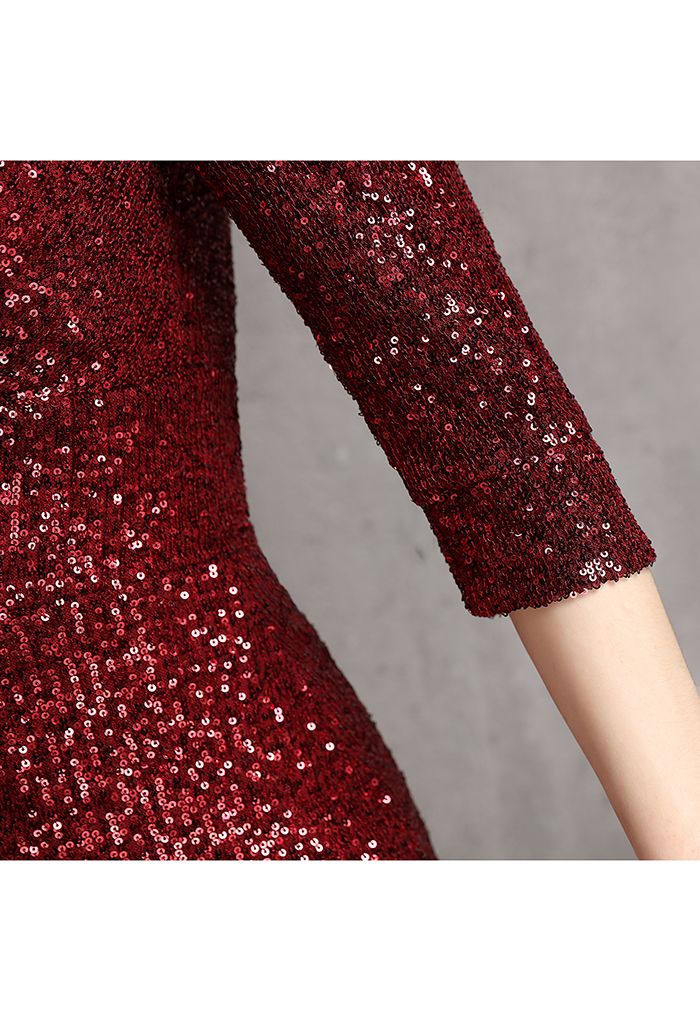 Elbow Sleeve Ruffle Sequined Gown in Burgundy
