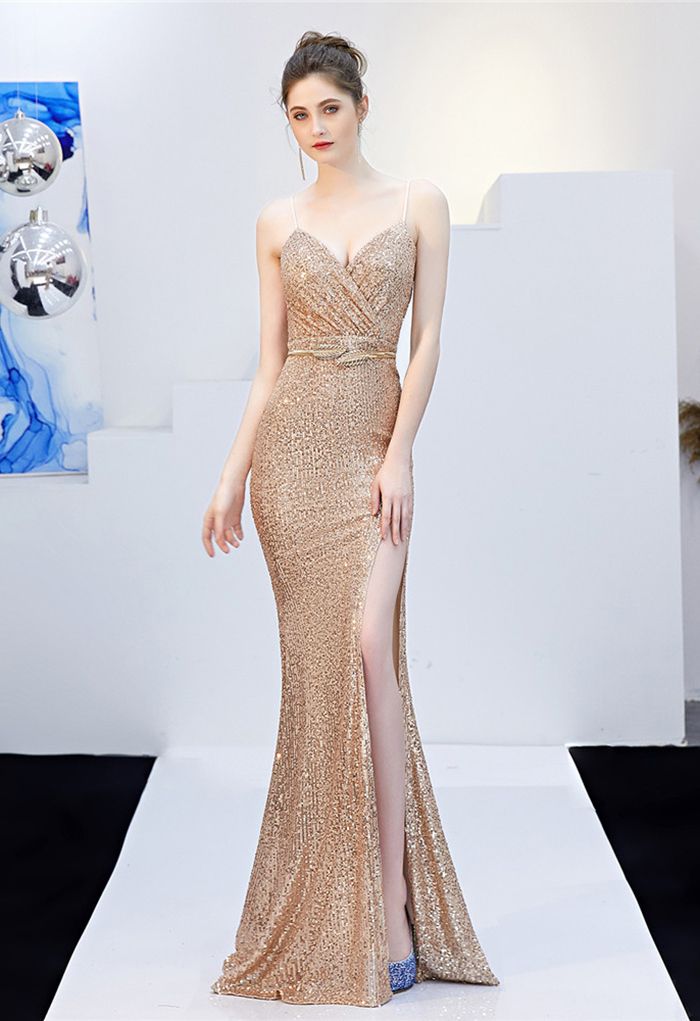 Split Side Sequined Wrap Cami Gown in Gold