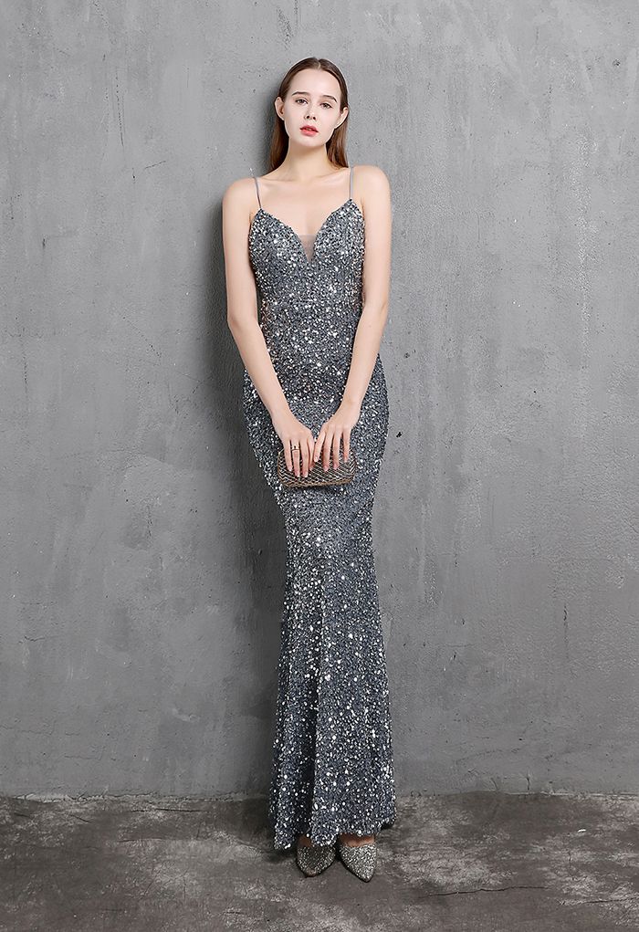 Mesh Inserted Sequined Mermaid Cami Gown in Smoke